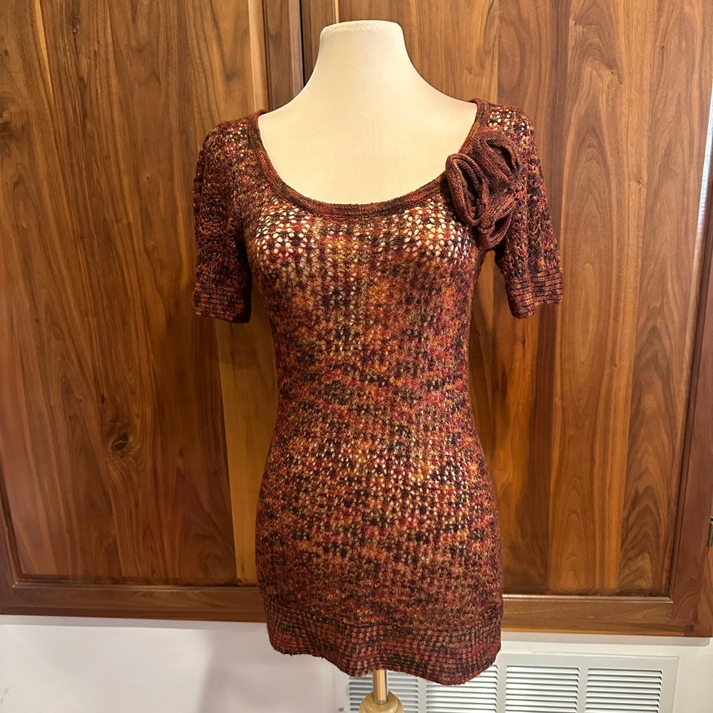 Kensie Knit Tunic Sweater Dress Rust Brown Fitted Textured Size S